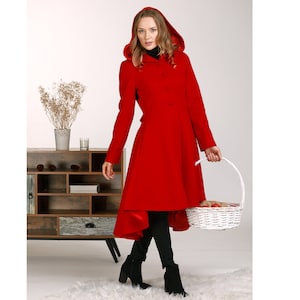 Red Wool Hooded Princess Coat, Comfy Winter Ladies Overcoat, Riding Hood Peacoat Jacket, Plus Size Fit and Flare Coat, Asymmetric Overcoat