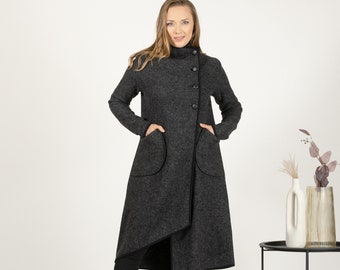 Wool Asymmetrical Cardigan with Buttons: High Collar Wool Jacket Coat