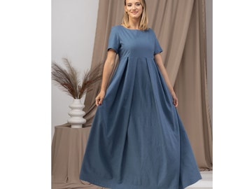 Empire Waist Linen Dress, A-Line Maxi Summer Formal Dress, Loose Sky Blue Long Cruise Dress, Plus Size Beach Cover Up Dress