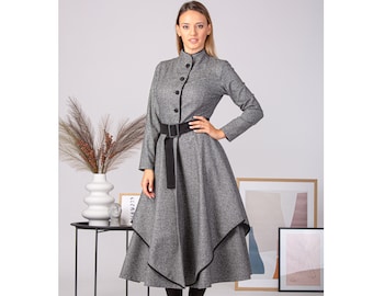 Elegant Winter Wool Dremss, Dark Acadeia Dress, High Collar Romantic Dress, Maxi Flared Buttoned Dress,Plus Size Layers Wrap Dress with Belt