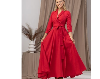 Wrap Linen Maxi Dress, Wedding Guest Dress, Red Long Sleeve Dress, Linen Clothing for Women, V Neck Plus Size Dress, Long Romantic Dress