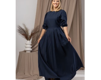 Vestido de linho estilo campestre, vestido azul marinho plus size, vestido maxi estilo campestre com mangas bufantes, vestido retrô estilo pioneiro, roupa de linho para convidada de casamento