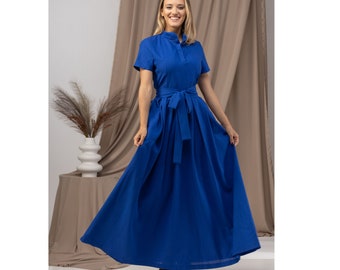 Modest Flattering Waisted Linen Dress, Royal Blue Summer Edwardian Style Dress, Tailored Linen Shirt Dress, Belted Formal Evening Dress