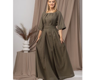 Maxi Edwardian Dress, Wedding Guest Linen Dress, Dark Green Old West Dress, Modest Linen Dress with Sash Belt, Flowy Cottagecore Dress