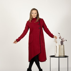 Elegant Wool Maxi Cardigan, Buttons Wool Cardigan, Plus Size Winter Jacket, Formal Ladies Wool Coat, Minimalist Raspberry Designer Cardigan