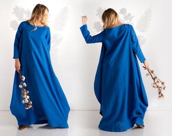 Blue Linen Bubble Dress, Plus Size Asymmetric Kaftan, Natural Linen Abaya Dress, Extra Long Large Dress, Modest Balloon Silhouette Dress