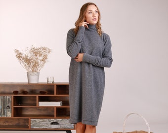 Wool Turtleneck Sweater Dress with Long Sleeves, Wool Cozy Winter Dress, Plus Size Clothing, Gray Minimalist Tunic Dress
