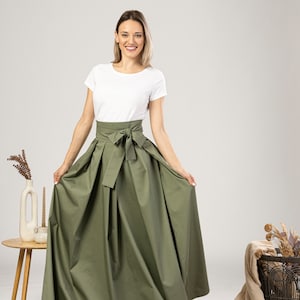 Fit and Flare Summer Cotton Skirt, Military Green High Rise Skirt, Formal Bow Tie Sash Skirt, Maxi Pleated Plus Size Edwardian Style Skirt image 3