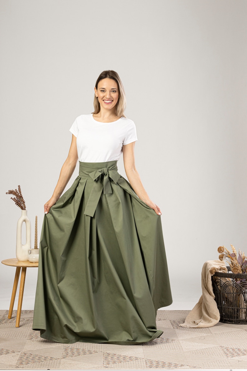 Fit and Flare Summer Cotton Skirt, Military Green High Rise Skirt, Formal Bow Tie Sash Skirt, Maxi Pleated Plus Size Edwardian Style Skirt image 3