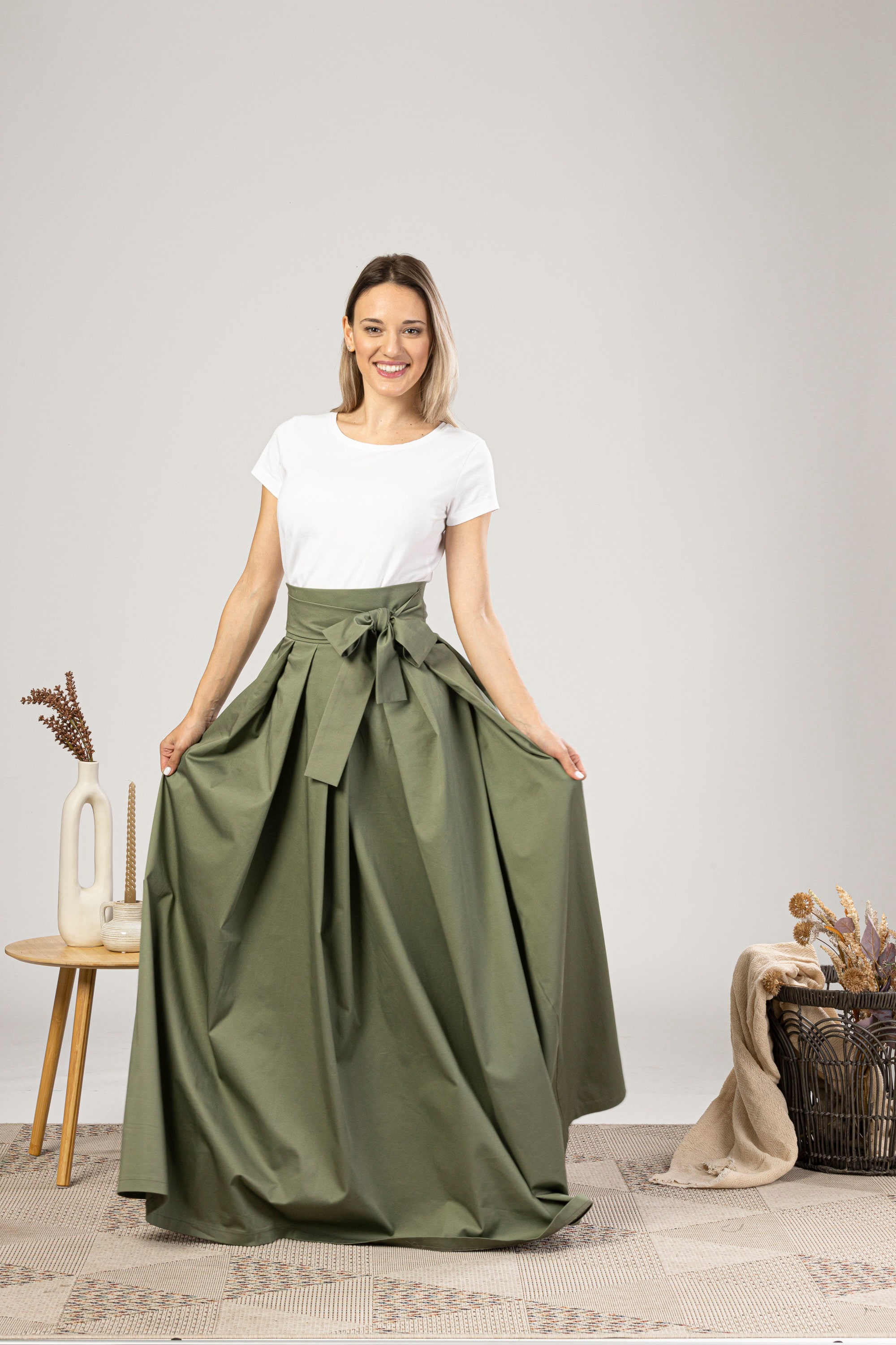 Fit and Flare Summer Cotton Skirt, Military Green High Rise