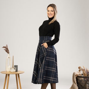 Tartan Wool Midi Skirt, High Waist Plaid Skirt, Plus Size Winter Skirt, Check Bell Circle Skirt, Wool Walking Skirt, 1940s Style Skirt image 5