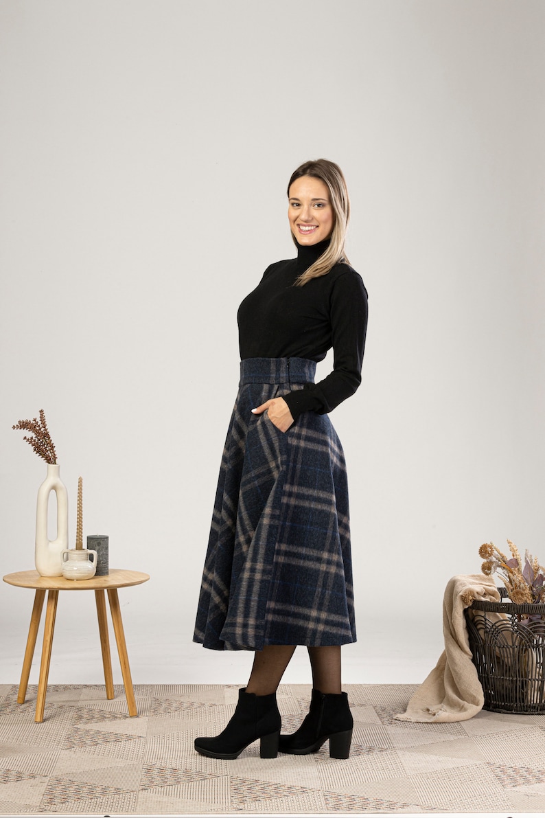 Tartan Wool Midi Skirt, High Waist Plaid Skirt, Plus Size Winter Skirt, Check Bell Circle Skirt, Wool Walking Skirt, 1940s Style Skirt image 5