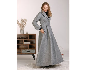 Maxi Wool Princess Coat, Long Wrap Coat, Plus Size Winter Overcoat, Gray Winter Trench Coat, Gothic Wool Coat, Winter A-Line Dress Coat