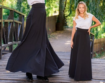 Summer Edwardian Walking Skirt, Black Maxi Minimalist Skirt, High-Waisted Plus Size Victorian Skirt, Long Gothic Style Skirt with Pockets