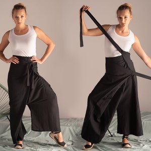 Linen Wide Leg Pants, Japanese Fashion, Avant Garde Clothing, Black Linen Pants, Summer Linen Wrap Pants, Skirt Pants, Plus Size Clothing