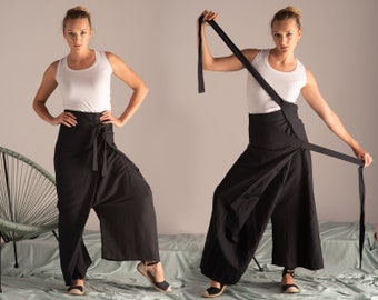 Linen Wide Leg Pants, Japanese Fashion, Avant Garde Clothing, Black Linen Pants, Summer Linen Wrap Pants, Skirt Pants, Plus Size Clothing