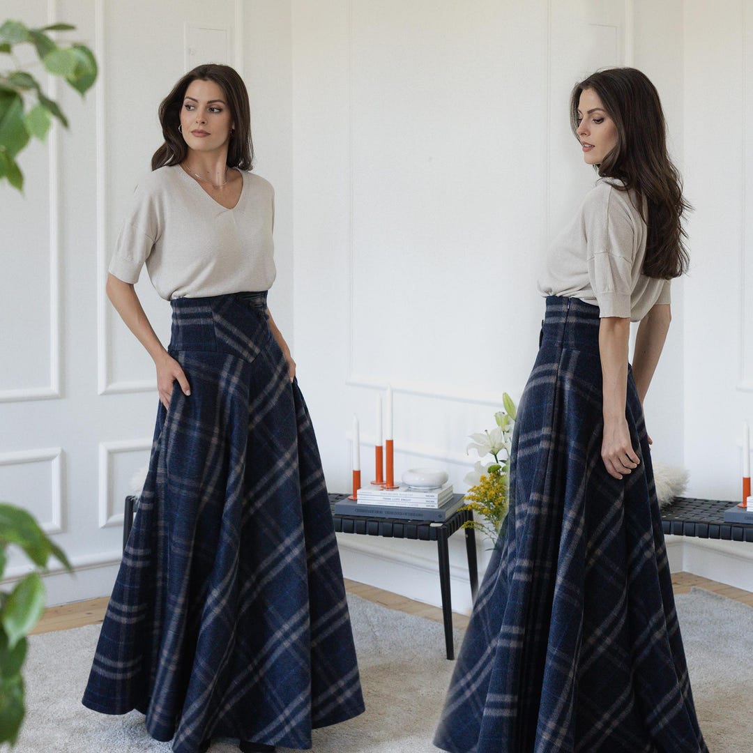 Plaid Wool A-line Maxi Skirt: Dark Blue Victorian Style With Ultra