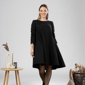 Plus Size Midi Dress, Minimal Cotton Tunic Dress, Solid Black Dress with Pockets, Petite Clothing, Elegant Evening Dress, Oversized Dress image 7