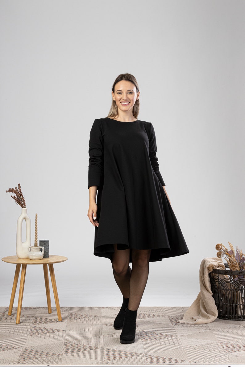 Plus Size Midi Dress, Minimal Cotton Tunic Dress, Solid Black Dress with Pockets, Petite Clothing, Elegant Evening Dress, Oversized Dress image 7