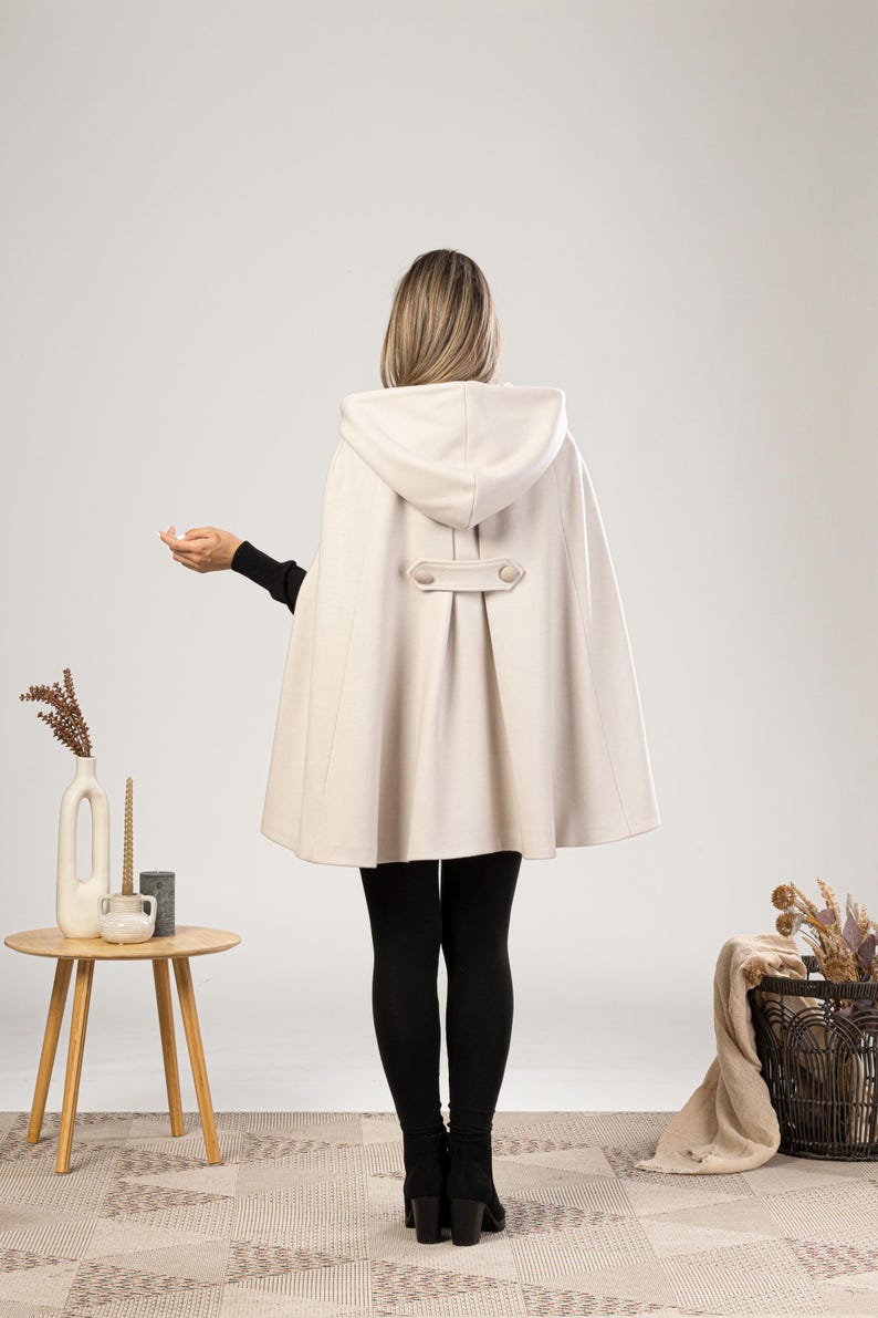 Hooded Cape Coat with Pockets, Winter Poncho Cloak, Plus Size Clothing, Short Cape Wool Mix Cloak, Poncho Jacket, Elegant Petite Swing Cape image 13