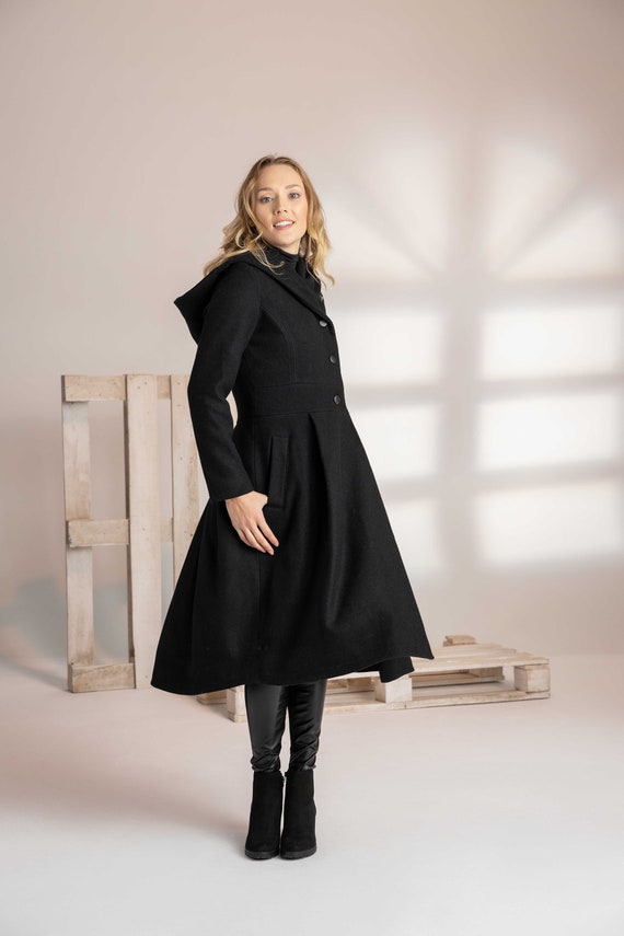 Black Hooded Princess Coat Wool Fit and 