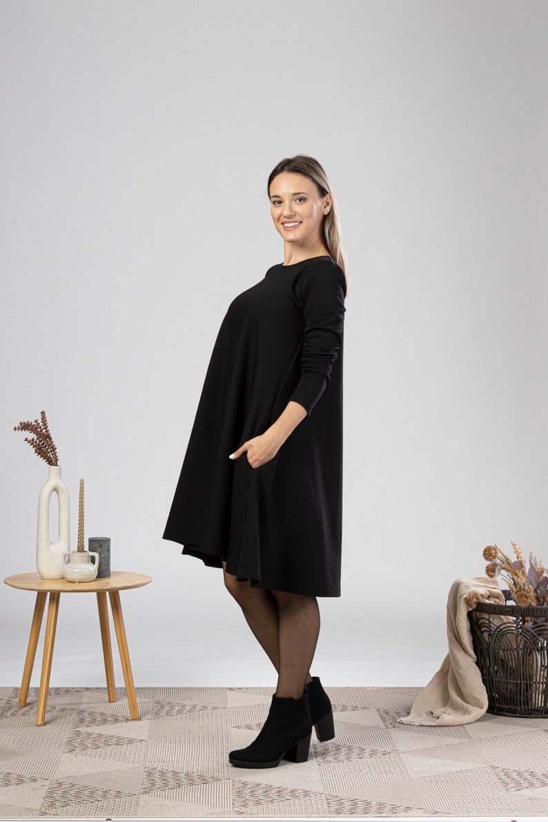 Plus Size Midi Dress, Minimal Cotton Tunic Dress, Solid Black Dress with Pockets, Petite Clothing, Elegant Evening Dress, Oversized Dress image 3