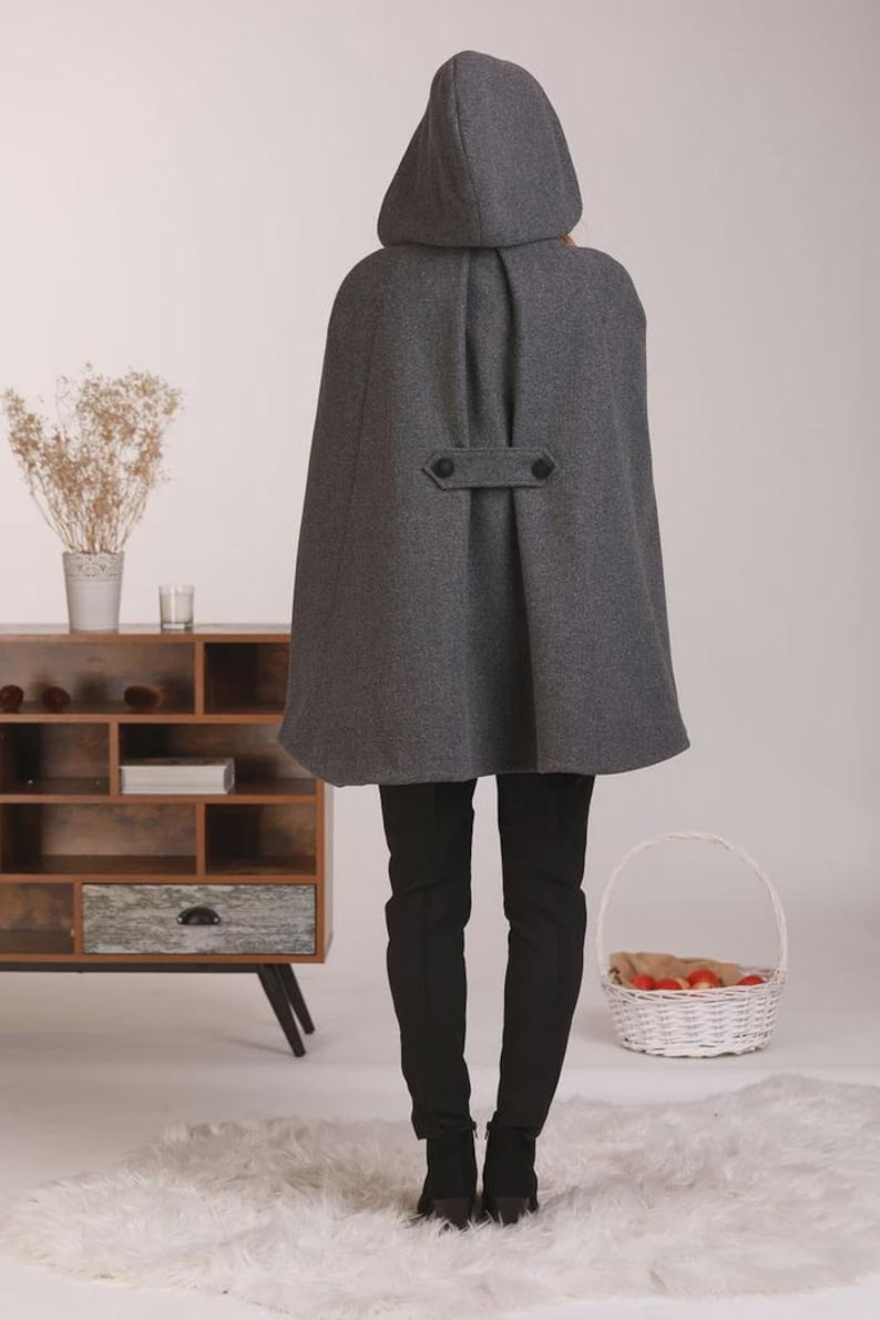 Hooded Cape Coat with Pockets, Winter Poncho Cloak, Plus Size Clothing, Short Cape Wool Mix Cloak, Poncho Jacket, Elegant Petite Swing Cape image 4