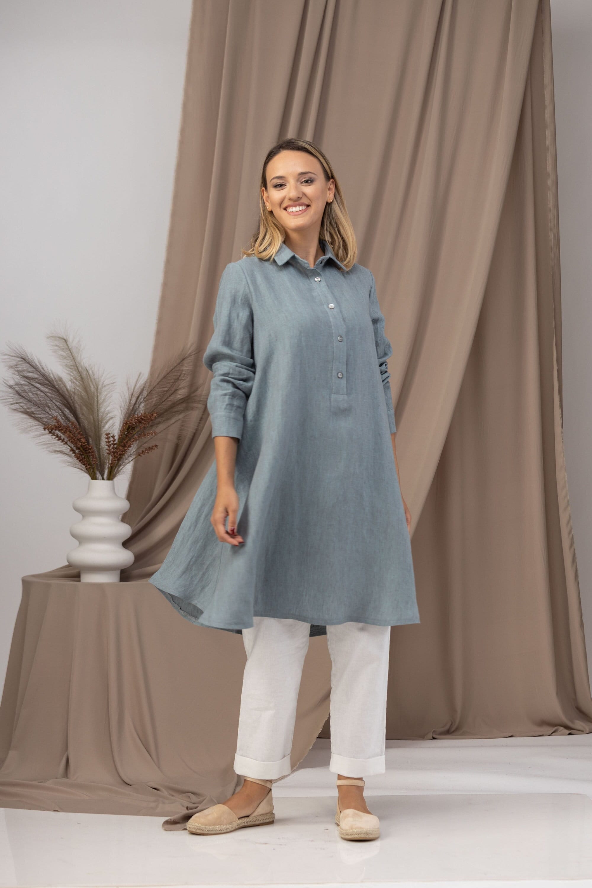 Plus Size Dressy Tunic, Modest Oversize Linen Shirt Dress, Stand Collar Blouse, Button up Linen Tunic, A-line Swing Tunic Top for Summer - Etsy Plus Size Dressy Tunic, Modest Oversize Linen Shirt Dress, Stand Collar Blouse, Button up Linen Tunic, A-line Swing Tunic Top for Summer - Etsy