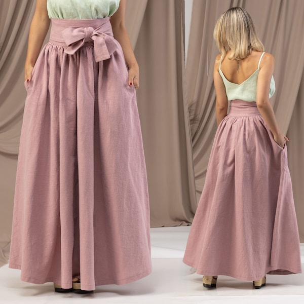 Feminine Linen Long Ash Pink Skirt, Summer Maxi Skirt with Pockets, High Waisted Ball Skirt with Bow Belt, Flowy Romantic Skirt FLORENCE