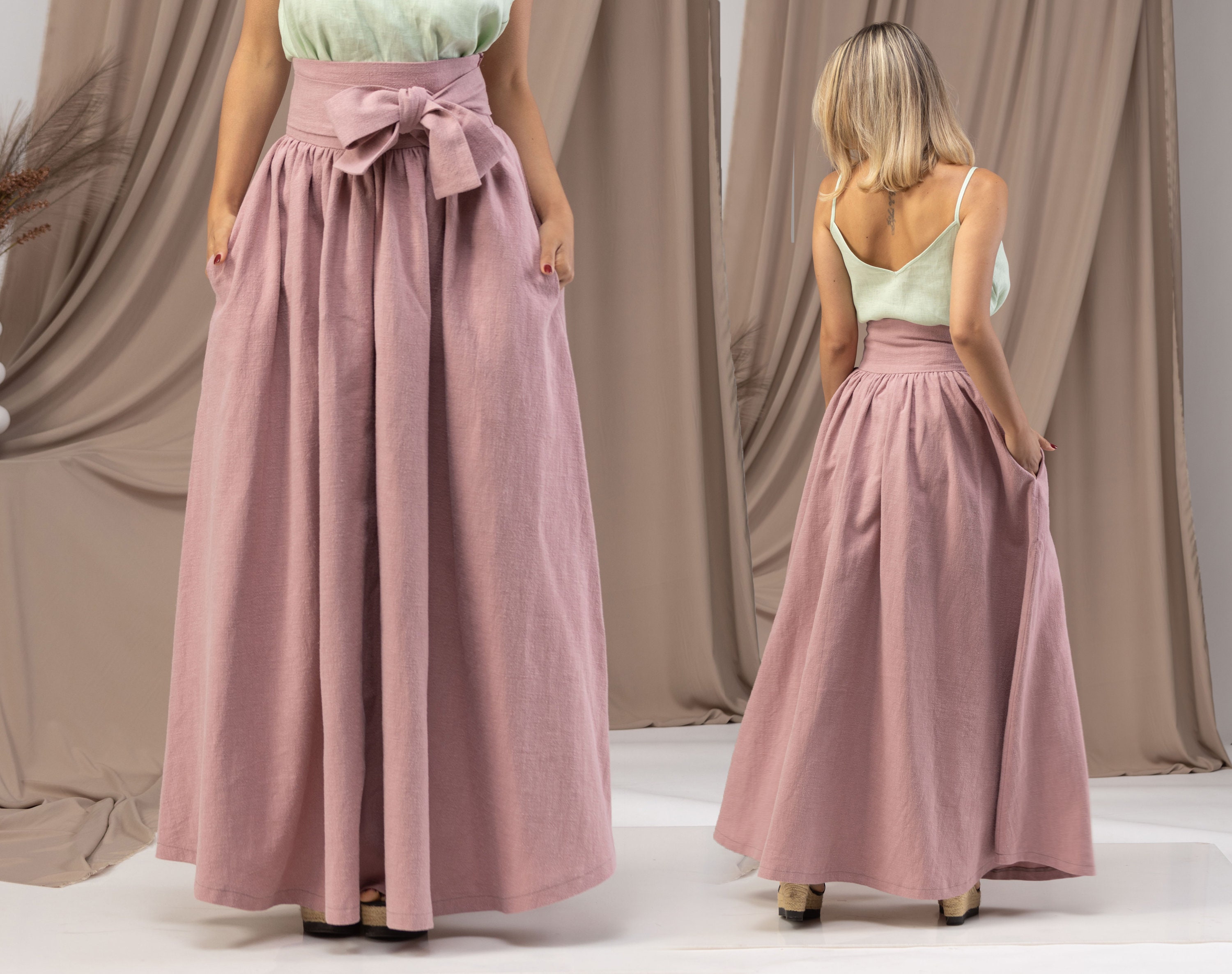 Pink Linen Midi High Waist Skirt Long Front Button Skirts With Pockets  Buttoned Opening Clothing - Etsy