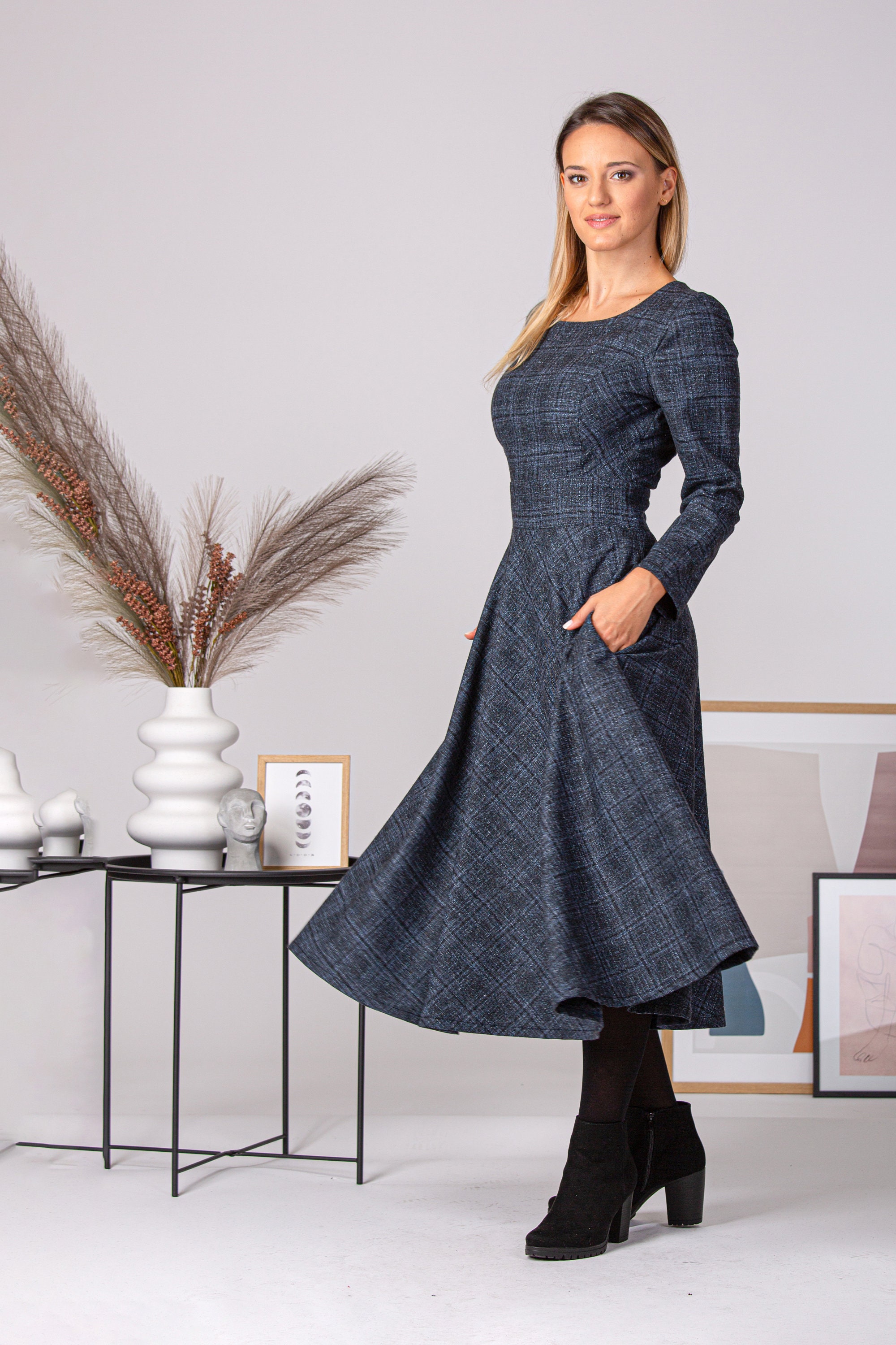Buy Modest Retro Inspired Dress, Plus Size Plaid Winter Dress, Casual Wool  Midi Blue Dress, Warm Prairie Dress With Pockets, Church Dress Women Online  in India 
