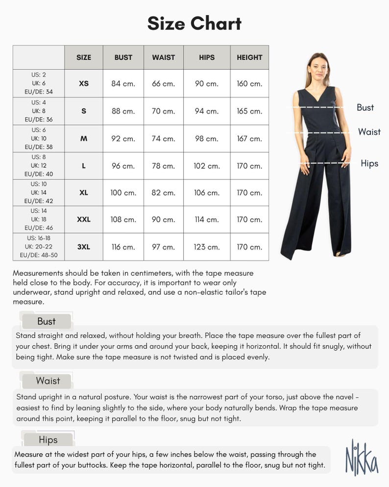 May include: Size chart with measurements in centimeters for bust, waist, hips, and height. Includes sizes XS to 3XL. A woman models a navy jumpsuit. Instructions are provided for measuring bust, waist, and hips.