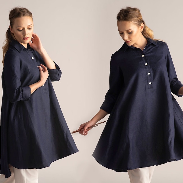 Oversized Linen Blouse Shirt SOPHIA / Navy Blue Tunic Shirt for Women Up to 3XL/ Free Silhouette Top / 19 Colors Choices