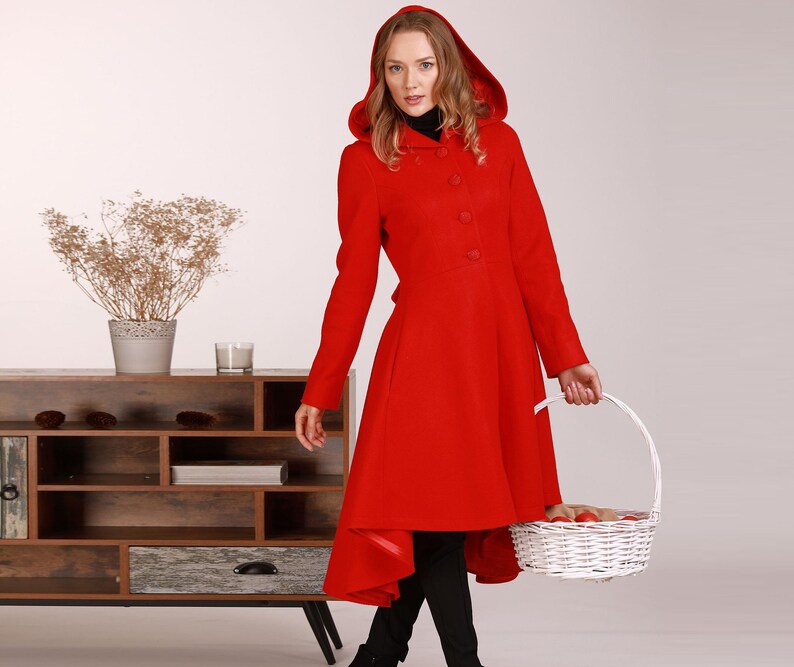 Elegant Wool Coat Wool Coat Red Hooded Coat Red Riding Hood Coat Plus Size Clothing Asymmetrical Coat Princess Coat Woolen Coat