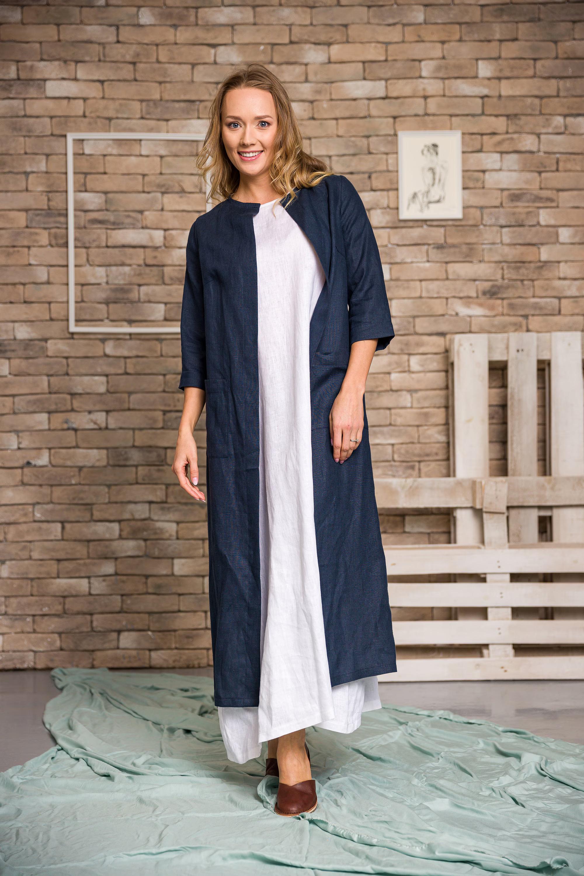 NFYM Trench Lungo Donna In Puro Lino: Giacca Aperta Cardigan Hobo Con Tasche, Colore Naturale Taglia Unica - 2