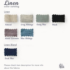 May include: A colour catalogue of linen fabric swatches in shades such as natural, grey melange, dusty blue, black, muted lavender, blue melange, and dark blue. The text "Linen" and "Linen Blend" are displayed.