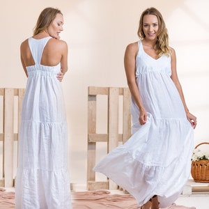Maxi Linen Wedding Dress, Plus Size Summer Dress, White Goddess Dress, Beach Kaftan Bohemian Dress, Loose Linen Special Occasion Dress