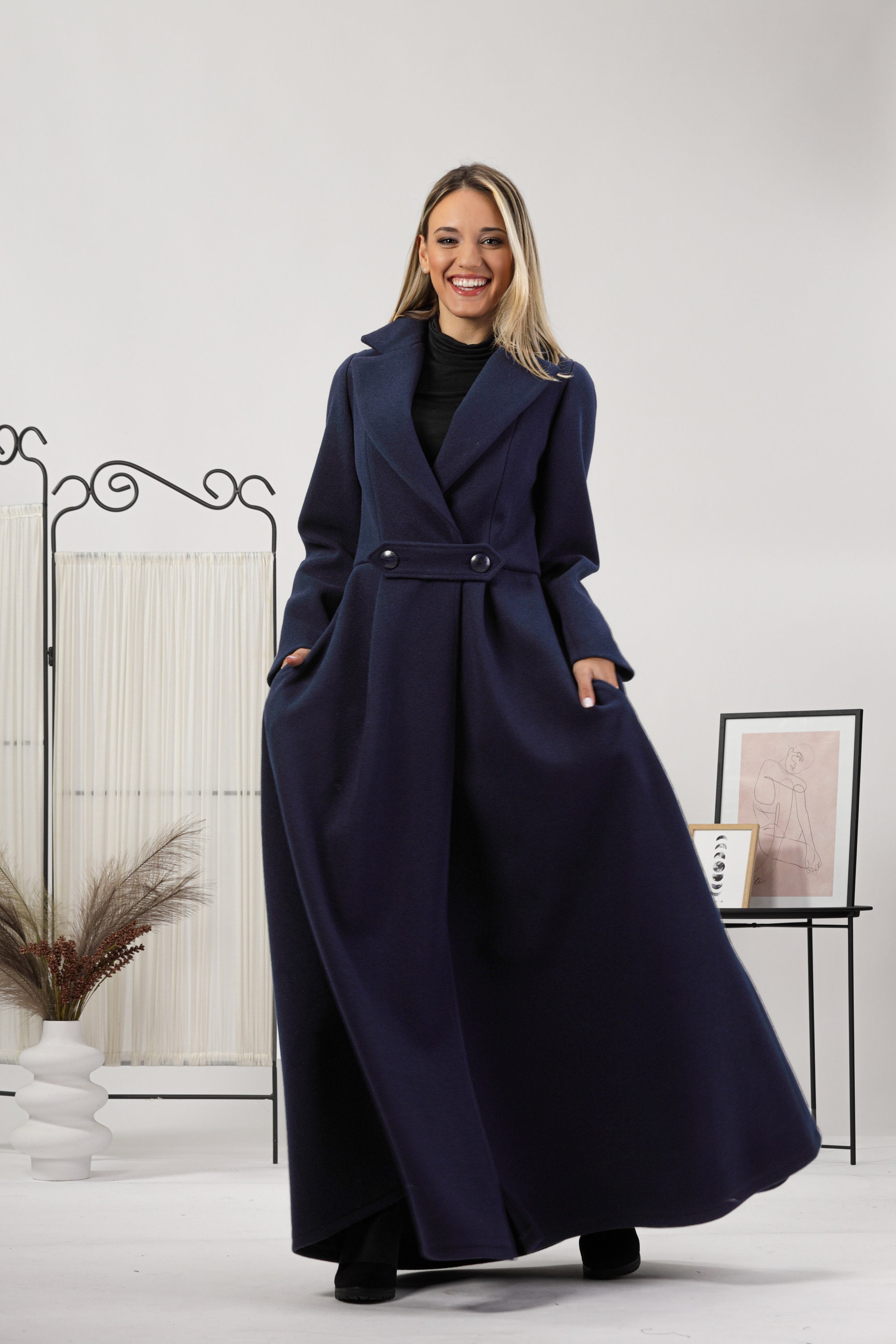 Floor Length Winter Riding Coat, Wool Princess Overcoat Floor Length Winter Riding Coat, Wool Princess Overcoat
