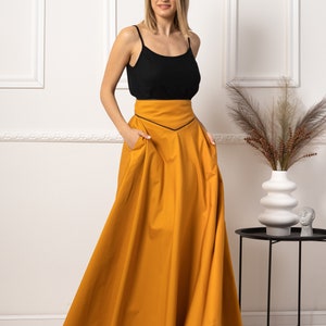 Victorian Walking Skirt, Edwardian Cotton Yellow Skirt, Waistband Long Skirt, Plus Size Gothic Flare Skirt, Steampunk Maxi High Waist image 2