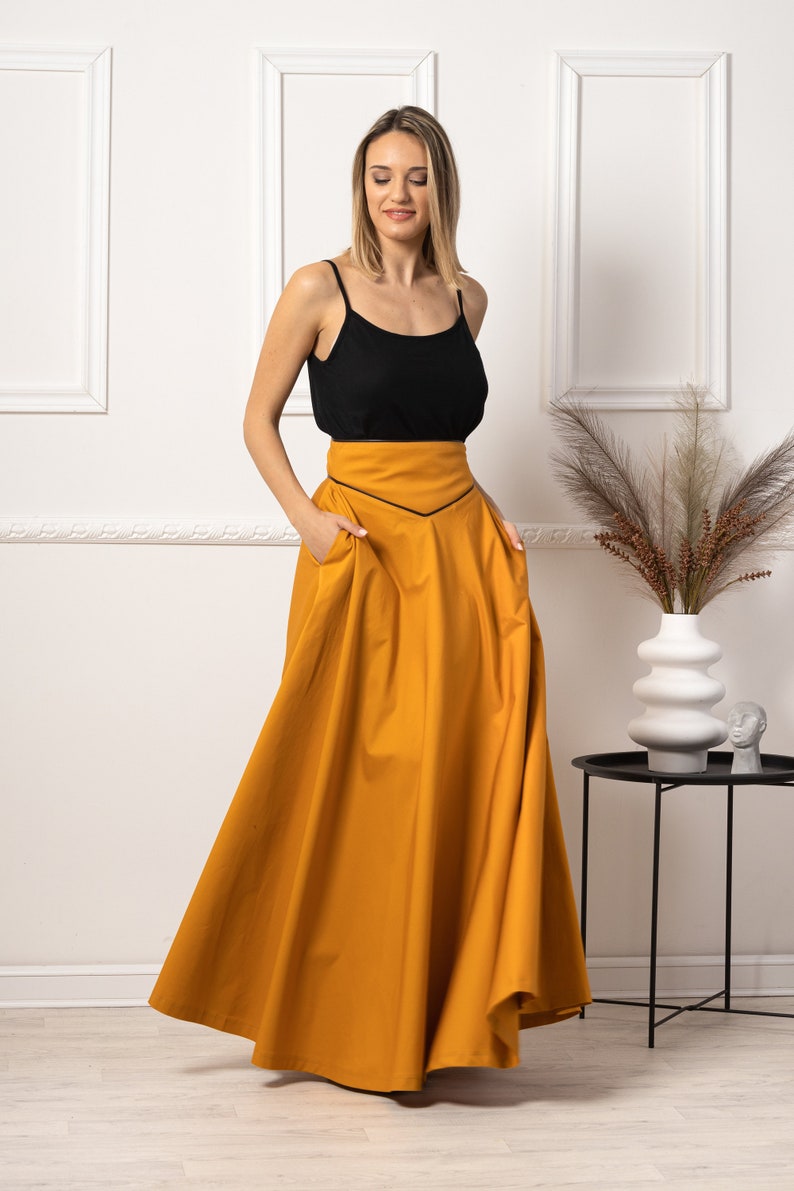 Victorian Walking Skirt, Edwardian Cotton Yellow Skirt, Waistband Long Skirt, Plus Size Gothic Flare Skirt, Steampunk Maxi High Waist image 2