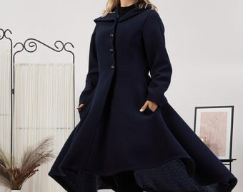 Women Flared Overcoat, A-line Princess Coat, Hooded Wool Mix Coat