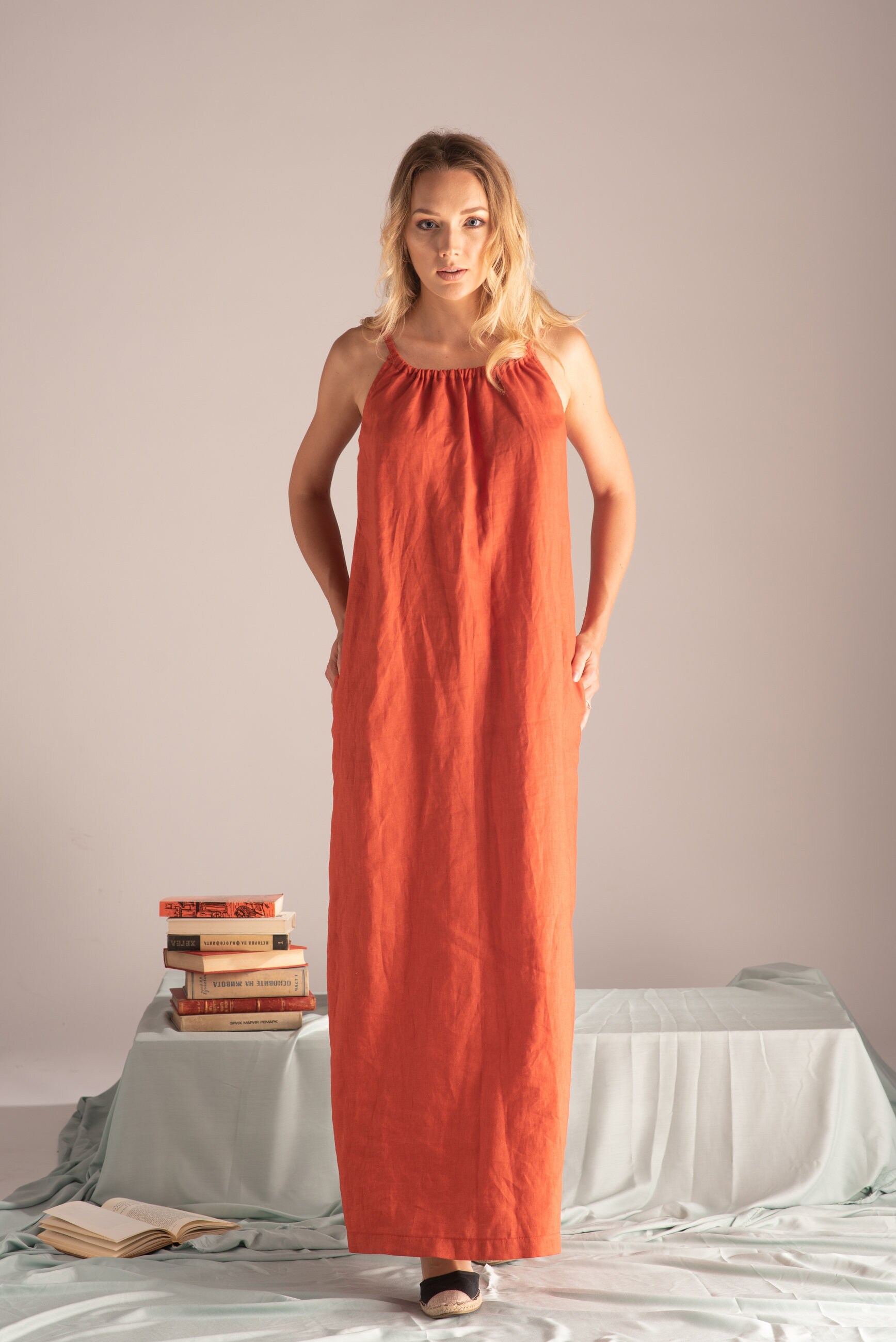 burnt orange linen dress