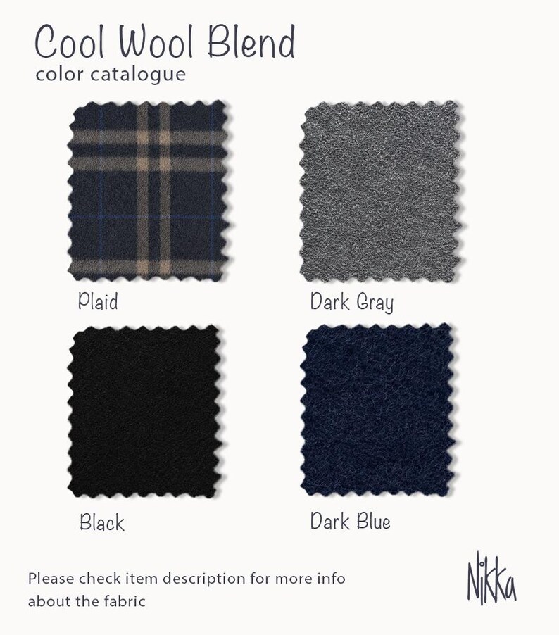 May include: A color catalogue featuring four fabric swatches labeled "Plaid", "Dark Gray", "Black", and "Dark Blue". The text "Cool Wool Blend" and "color catalogue" are at the top. The bottom text reads "Please check item description for more info about the fabric".