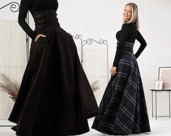Kerst rode tartan geruite rok, wollen winter maxi rok, gezellige feestelijke outfit, geruite rok, hoge taille lange Victoriaanse rok, plus size rok - België