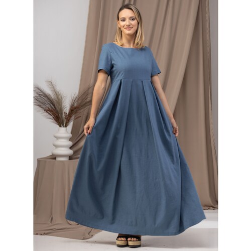 Empire Waist Linen Dress, A-Line Maxi Summer Formal Dress, Loose Sky Blue Long Cruise Dress, Plus Size Beach Cover Up Dress