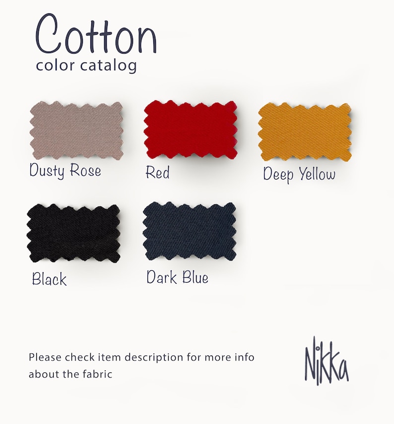 Może przedstawiać: Katalog kolor&oacute;w bawełny z pr&oacute;bkami tkanin w kolorach Dusty Rose, Red, Deep Yellow, Black i Dark Blue. Tekst "Cotton color catalog" znajduje się na g&oacute;rze, wraz z logo marki i wiadomością.