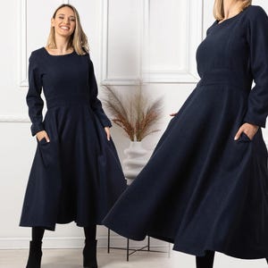 Modest Retro Inspired Dress, Plus Size Blue Winter Dress, Casual Wool Midi Blue Dress, Warm Prairie Dress with Pockets, Church Dress Women