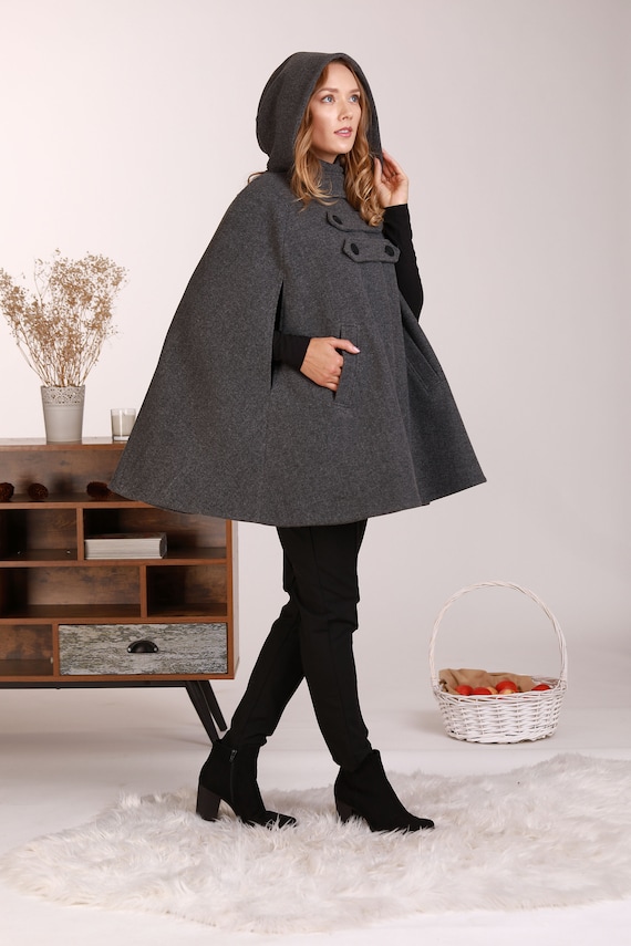 Wool Cape Coat With Hood, Hooded Winter Cloak, Plus Size Clothing, Short  Cape Cloak, Poncho Jacket, Elegant Petite Cape, Buttons Swing Coat 