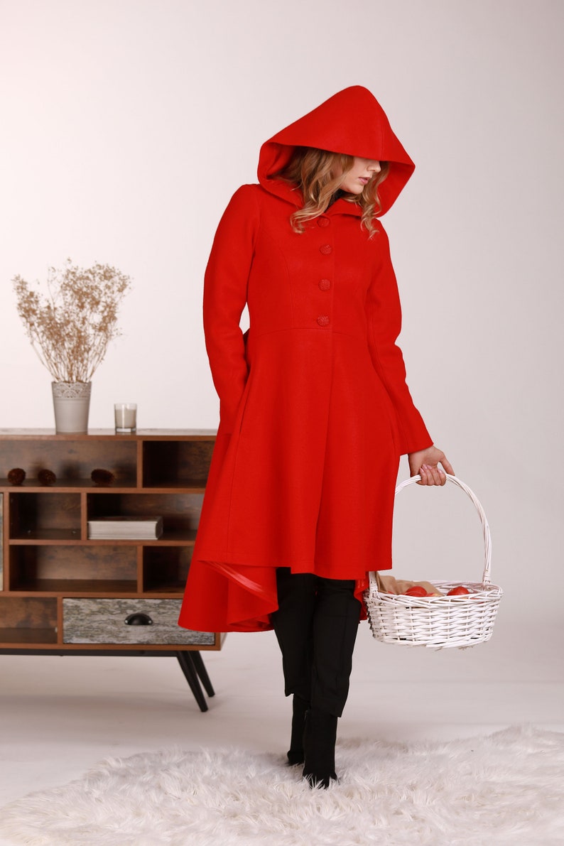 Elegant Wool Coat Wool Coat Red Hooded Coat Red Riding Hood Coat Plus Size Clothing Asymmetrical Coat Princess Coat Woolen Coat