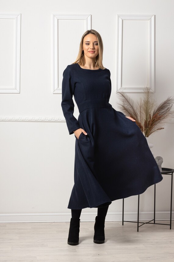 Modest Retro Inspired Dress Plus Size Blue Winter Dress Casual Wool Midi Blue Dress Warm Prairie Dress With Pockets Church Dress Women Etsy Norway